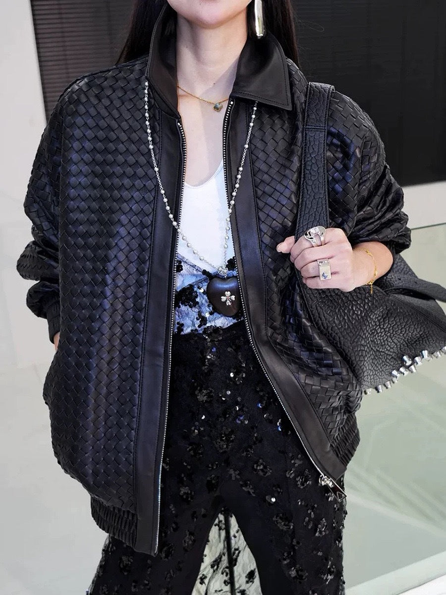 Old Money Style Braided Leather Jacket Loose Fit