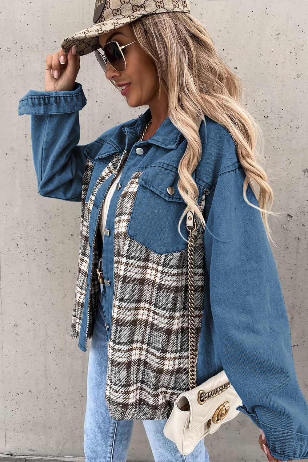 Mid-Wash Plaid Patchwork Oversized Denim Shirt Jacket for Women