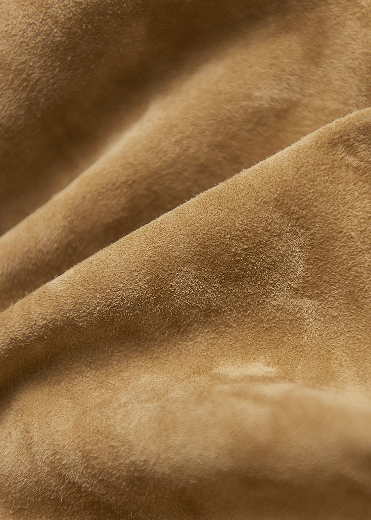 Tan Real Suede Leather Jacket for Women with Drawstring Hem