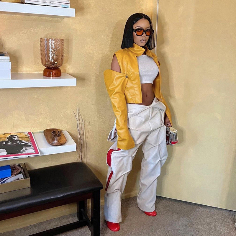 Cropped Faux Leather Jacket for Women with Detachable Sleeves