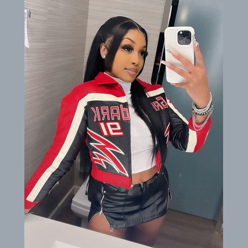Red Faux Leather Bomber Jacket Women Moto Style