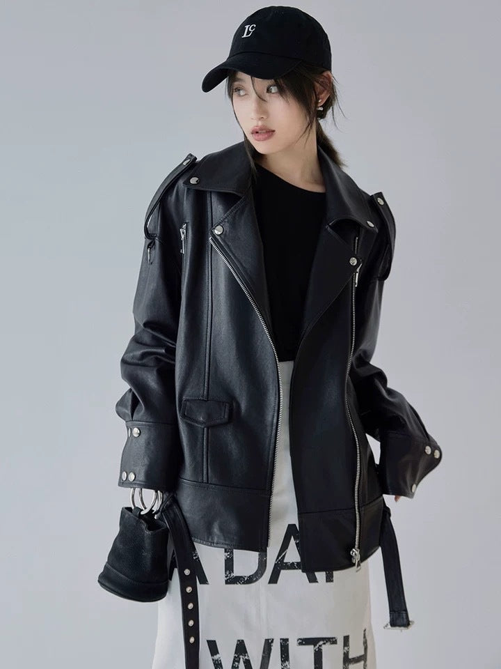Women Oversized Genuine Leather Motorcycle Jacket Retro Washed