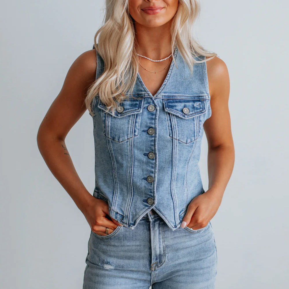 denim motorcycle vest with flap pockets