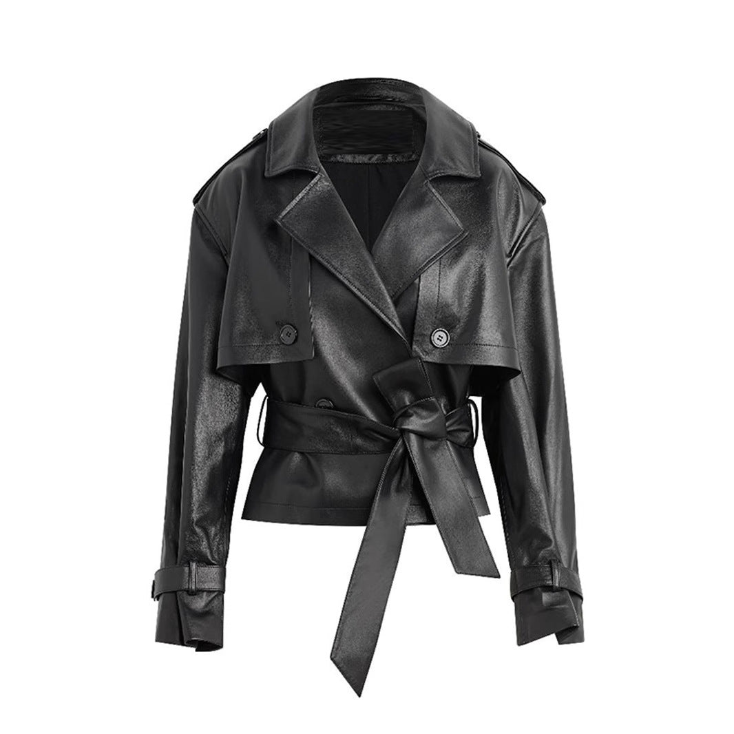 Women's Faux Leather Jacket Belted Waist Slimming Moto Biker Style