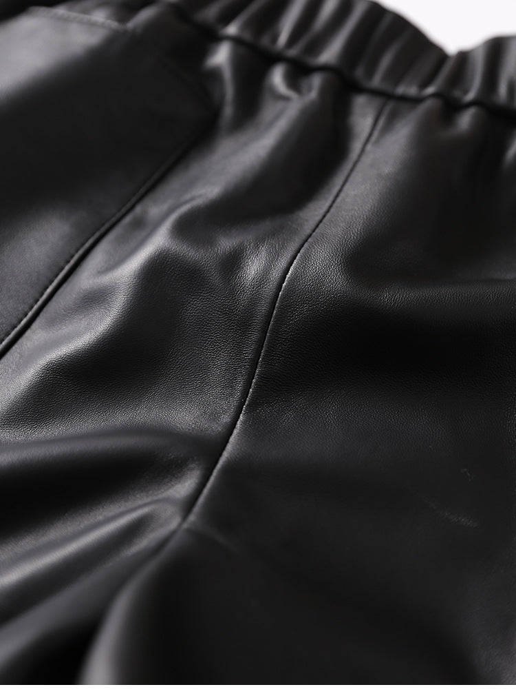 Women’s Genuine Sheepskin Leather High Waist Shorts with Pockets