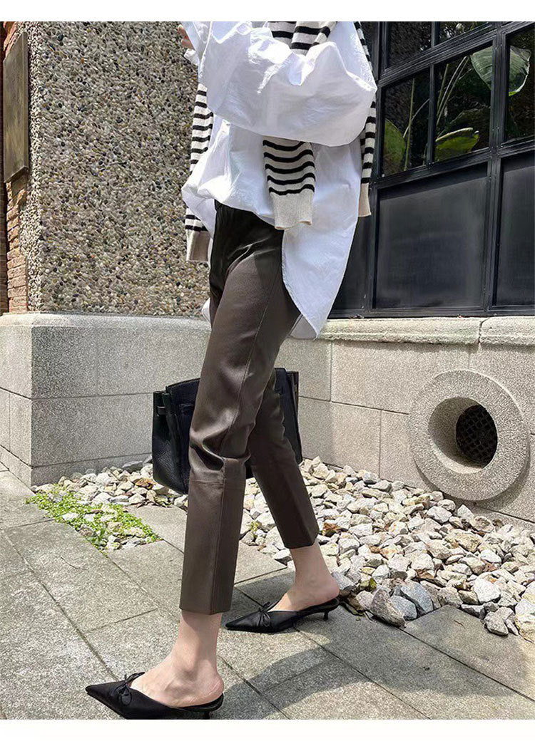 Women’s Brown Stretch Leather Pants High Waisted