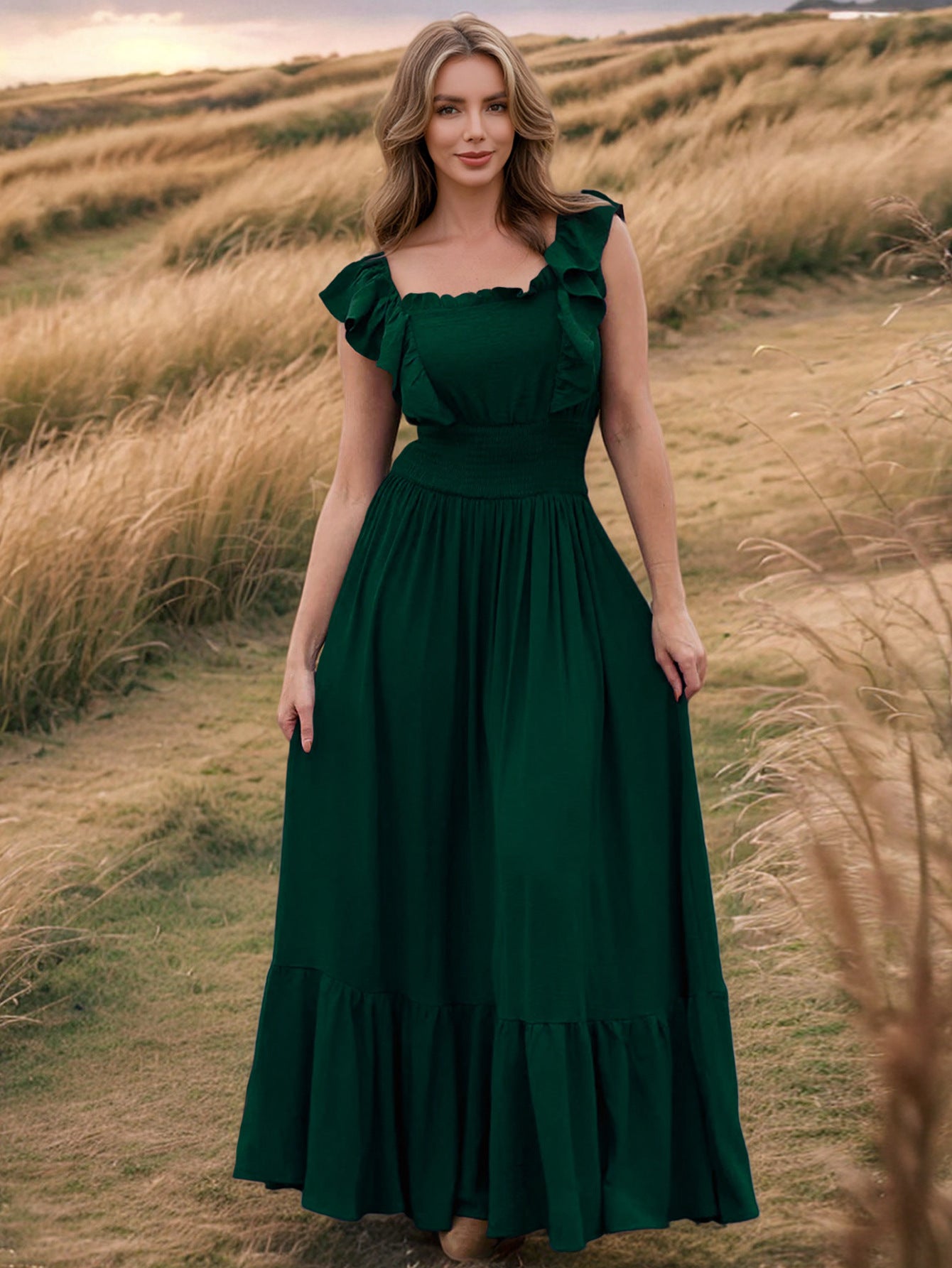 Green Ruffle Maxi Dress for Petite Women Wedding Gown