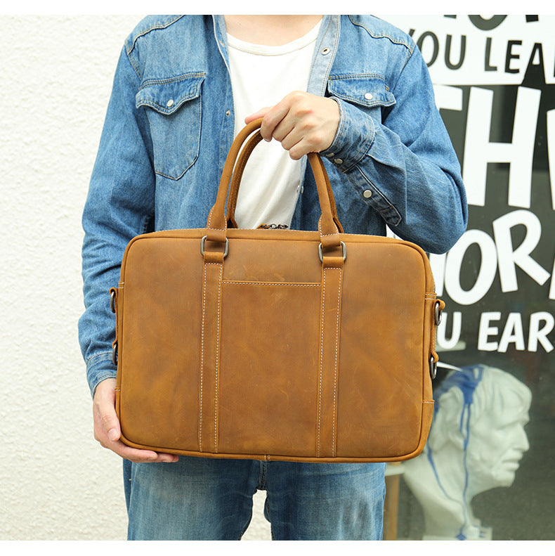Genuine Leather Office Bag with Trolley Sleeve for Men