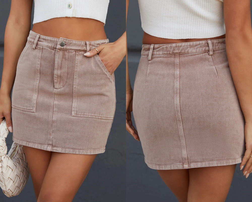 Washed Denim Mini Skirt with Front Pockets