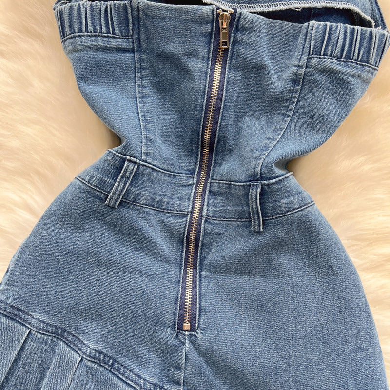 Strapless Denim Mini Bodycon Dress with Pleated Skirt