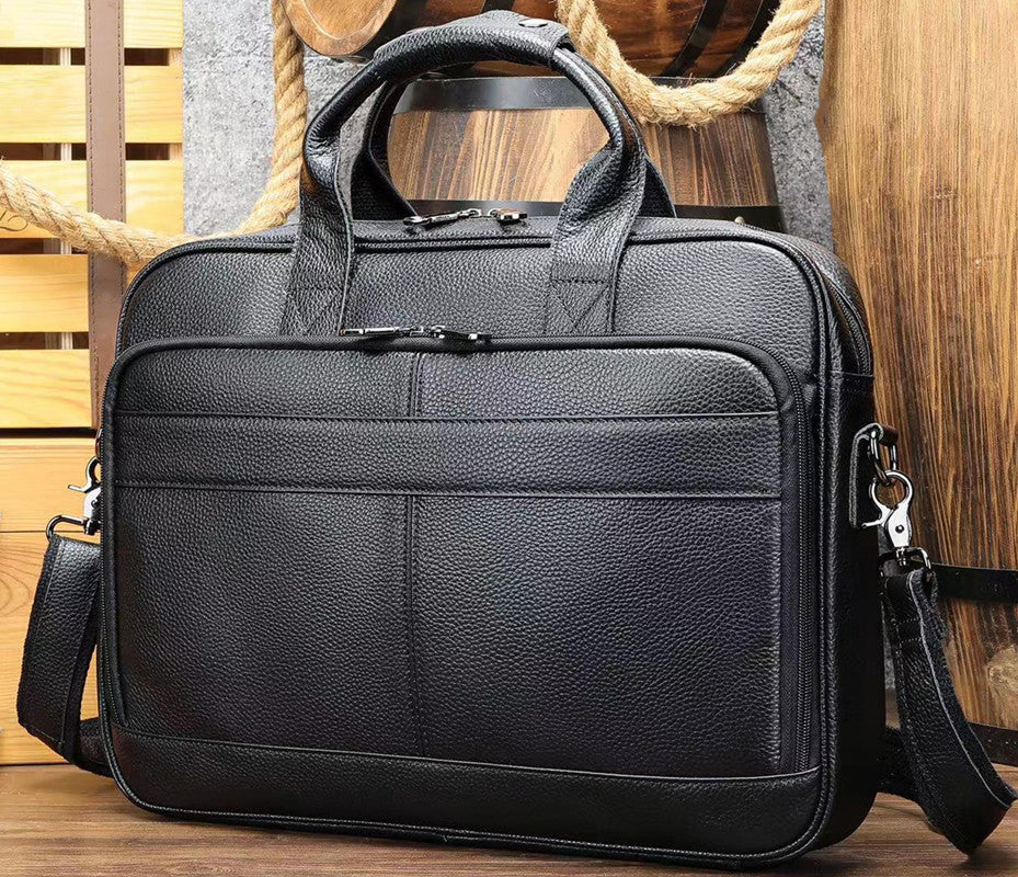 Men's Genuine Leather Office Bag With Trolley Strap