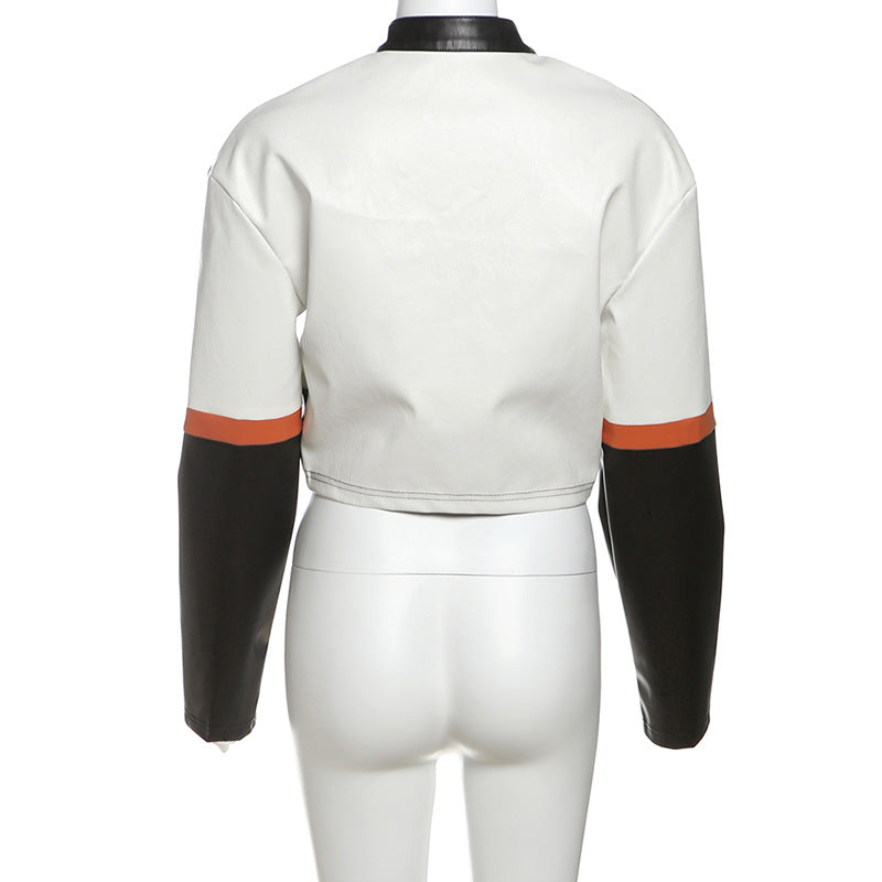 Cropped Faux Leather Bomber Jacket With Patch