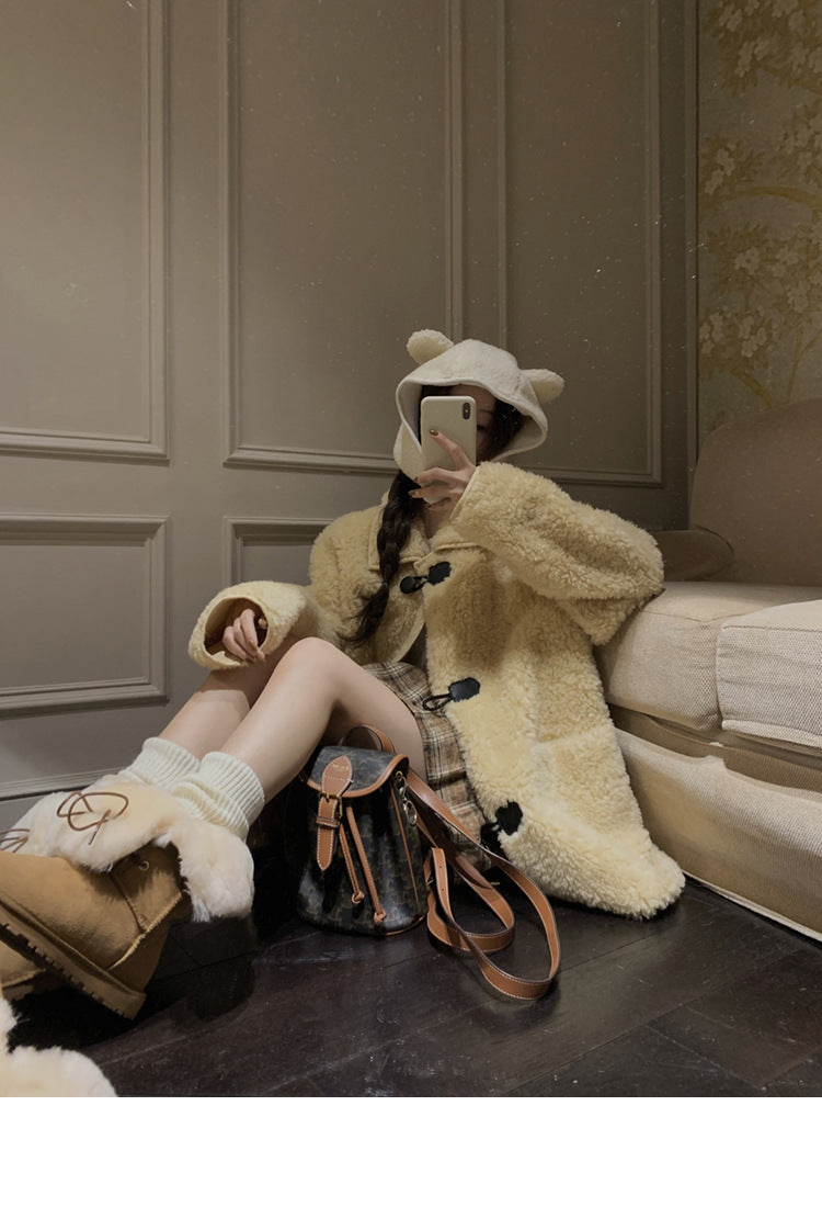 Women’s Full Wool Fur Coat Corn Yellow Shearling Winter Jacket