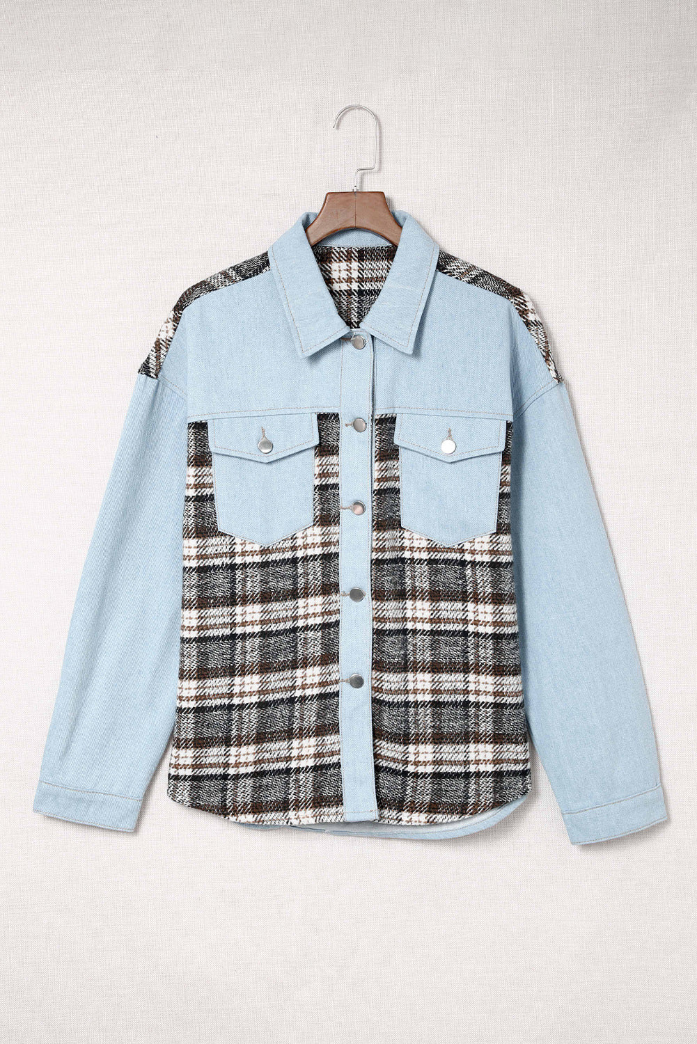 Plaid Patchwork Oversized Denim Shirt Jacket for Women