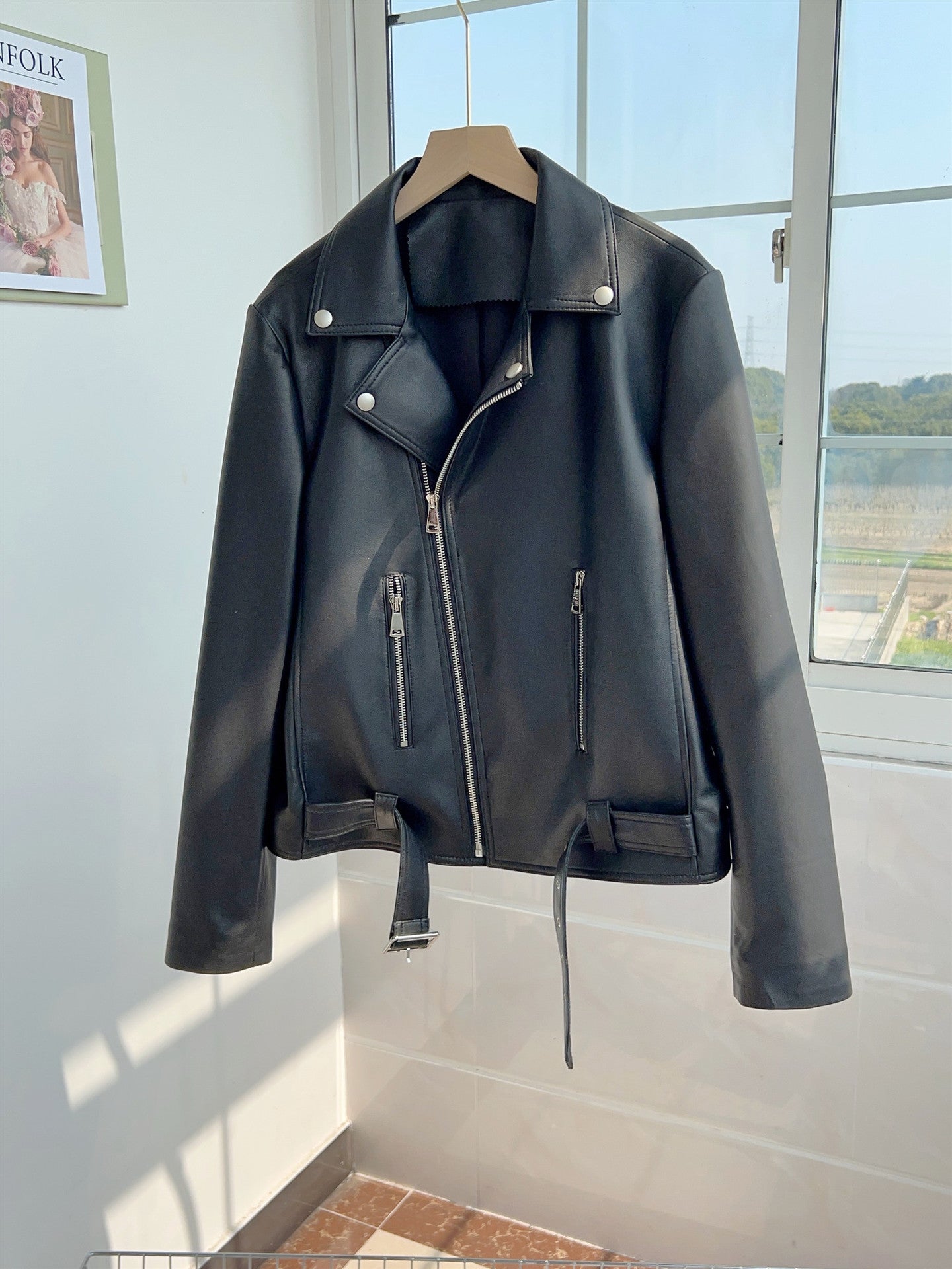 Women Black Leather Jacket Genuine Sheepskin Moto Bomber