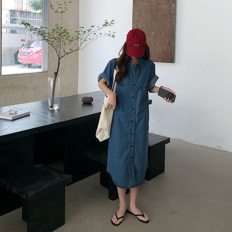 Short Sleeve Denim Shirt Dress for Women Loose Jean