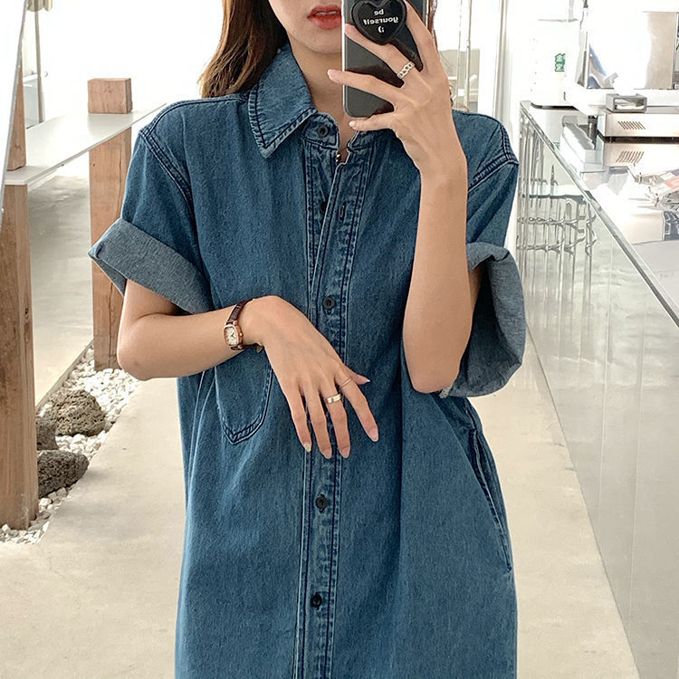 Short Sleeve Denim Shirt Dress for Women Loose Jean
