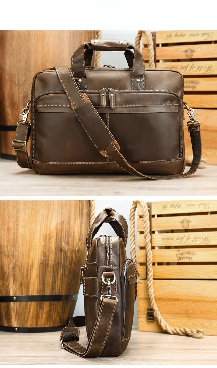 Genuine Leather Laptop Office Bag Briefcase with Trolley Sleeve