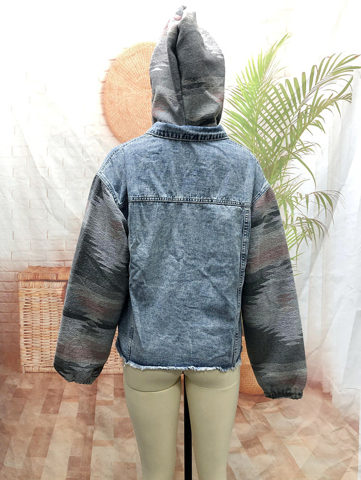 Oversized Hooded Patchwork Jean Jacket Western Aztec