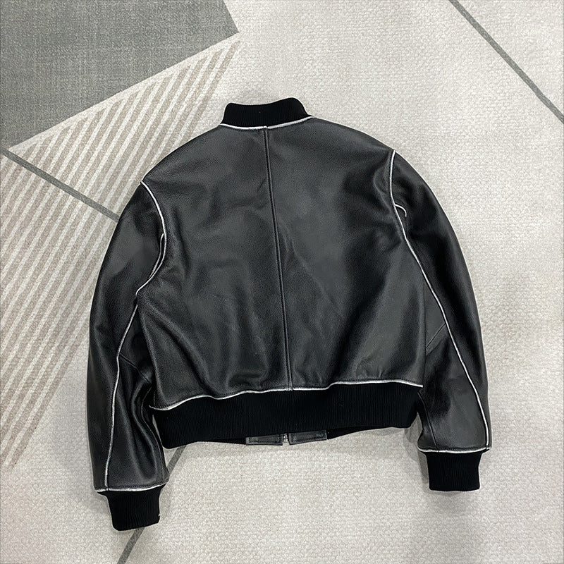 Women Leather Bomber Jacket Black Slim Fit Moto Coat