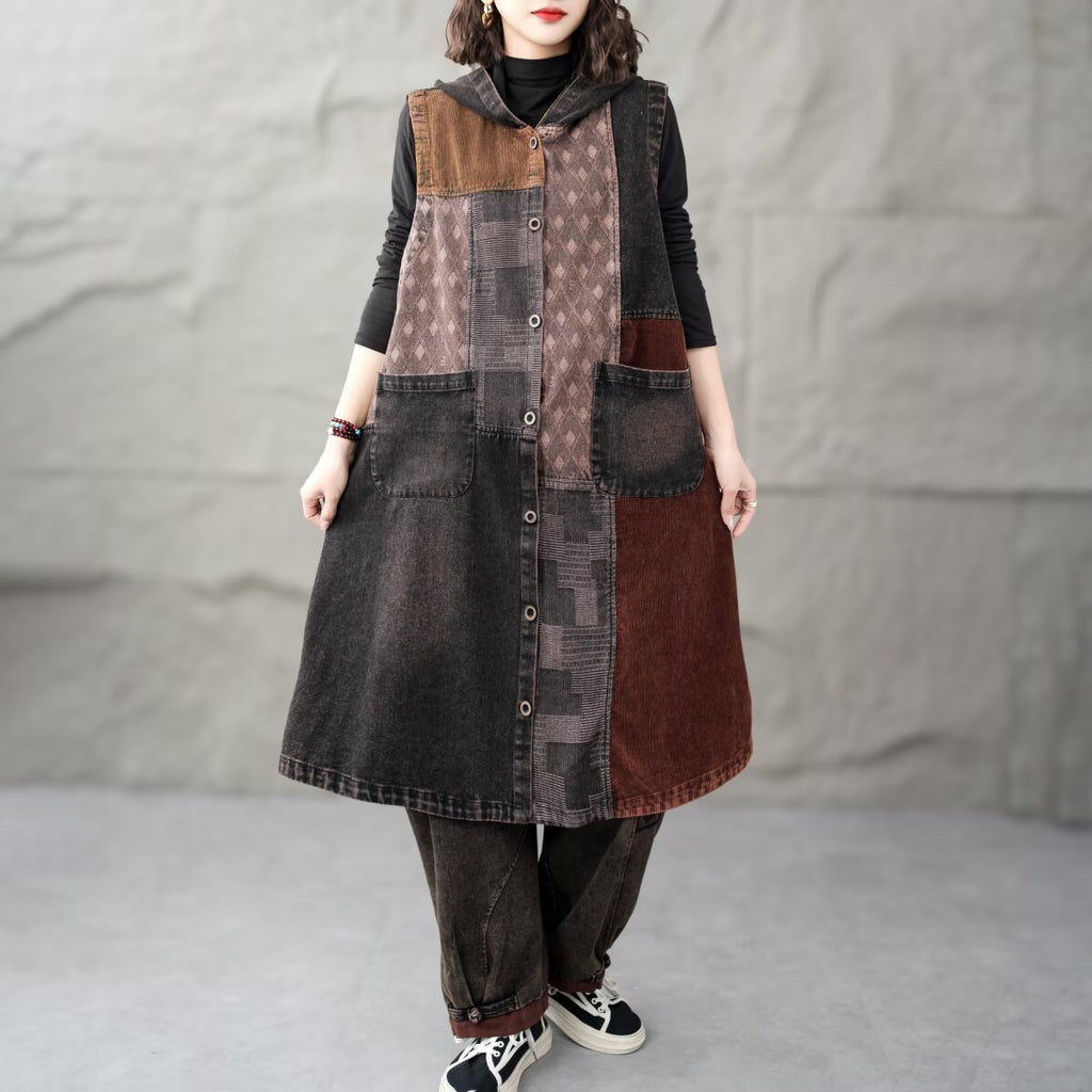 Patchwork Hooded Sleeveless Denim Dress for Women