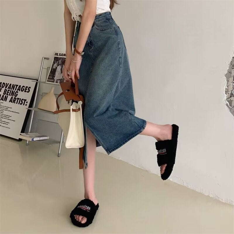 High Waist Denim Maxi Skirt
