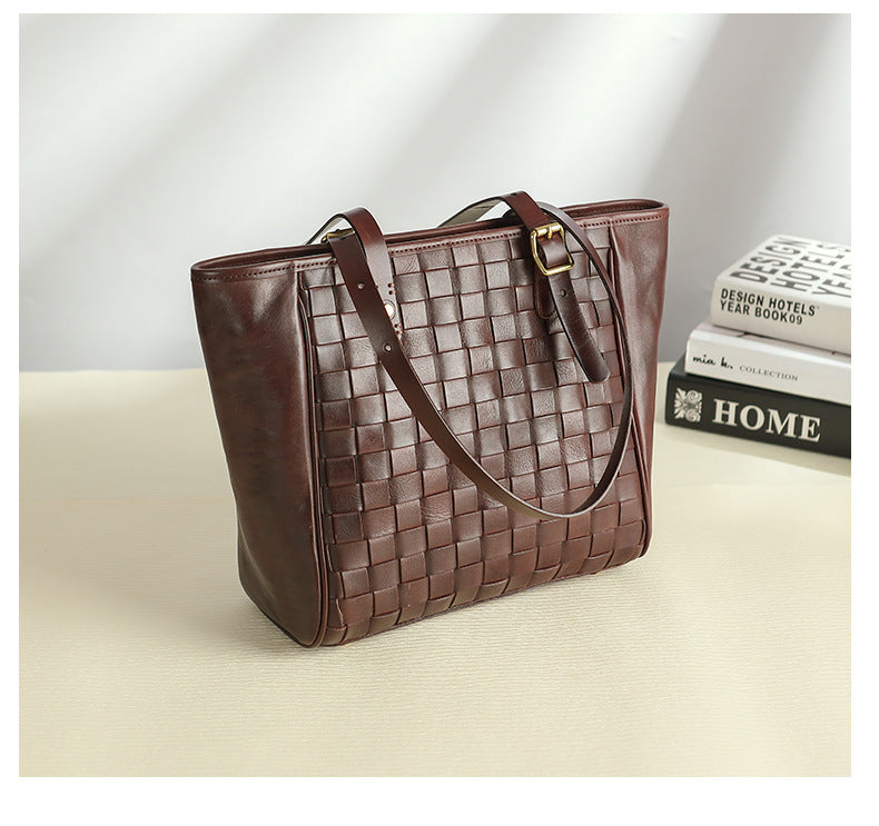Woven Leather Tote Bag for Women Large Capacity
