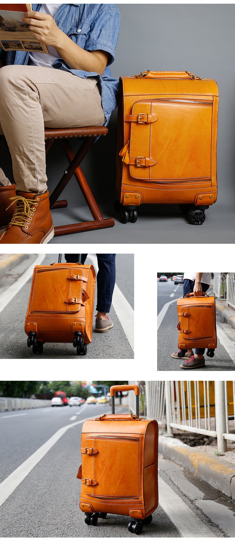 Leather Carry On Suitcase Trolley Case with Spinner Wheels