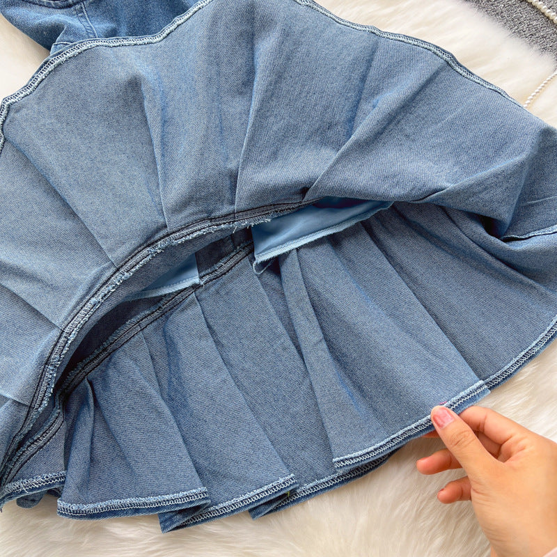 Strapless Denim Mini Bodycon Dress with Pleated Skirt