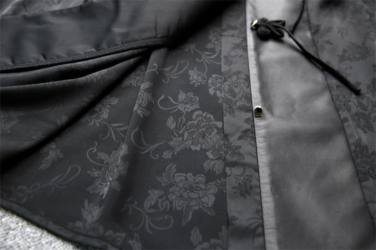 Leather Top for Women with Jacquard Sleeves and Mandarin Collar