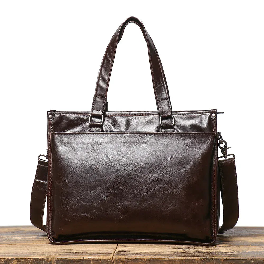 Leather Men's Business Laptop Briefcase with Shoulder Strap