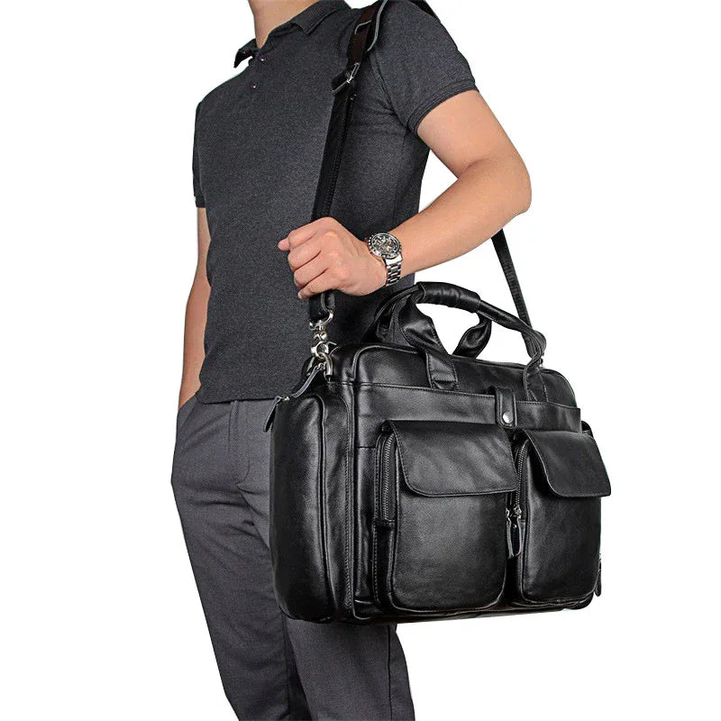 Genuine Leather Office Briefcase Laptop Bag with Trolley Sleeve for Men
