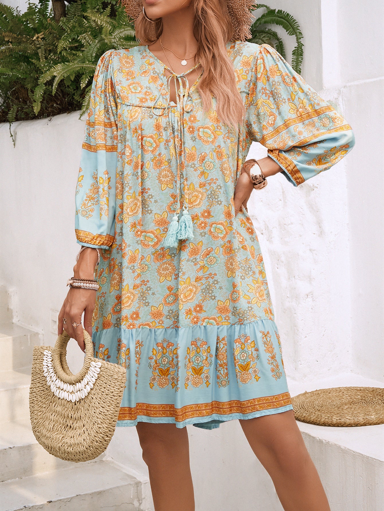 Short Flowy Dress with Tassel Neckline