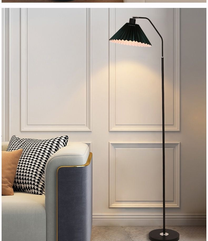 Minimalist pleated fabric arc floor lamp