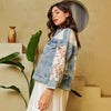 Mesh Spliced Oversized Denim Jacket with Lace Sleeves