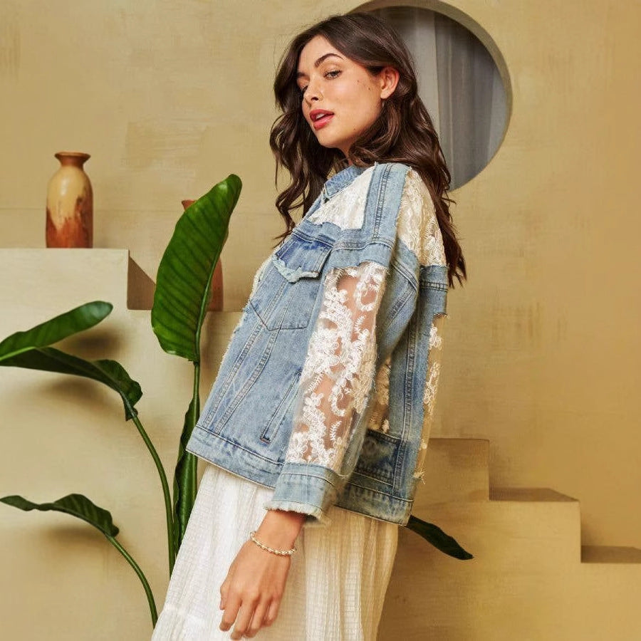 Mesh Spliced Oversized Denim Jacket with Lace Sleeves