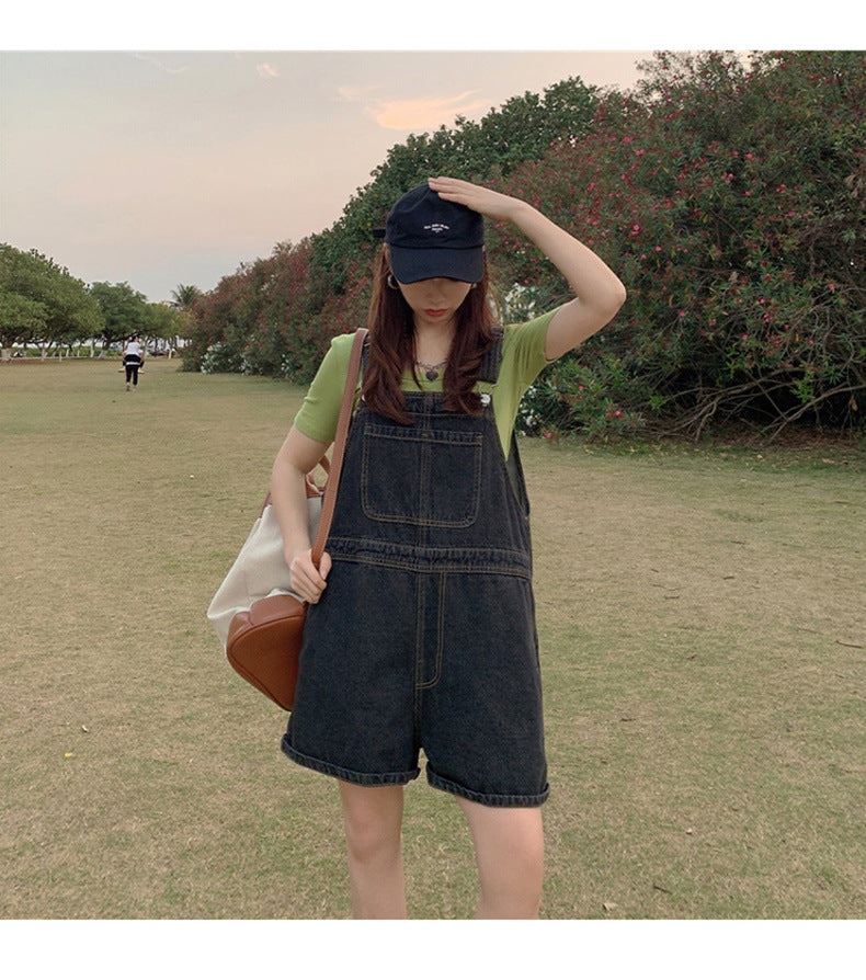Denim Casual Distressed Overalls Bib Shorts