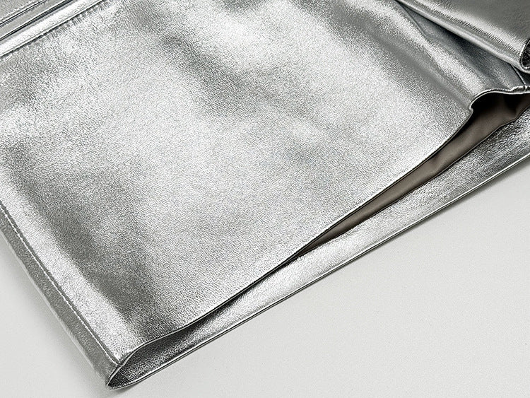 Women’s Silver Leather Mid-Rise Shorts