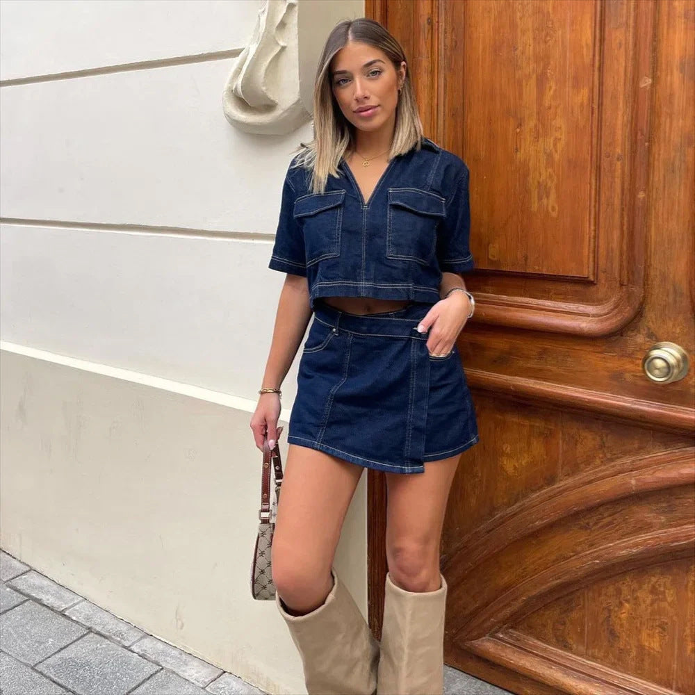 Two Piece Denim Short Set Skirt with Cropped Jean Top