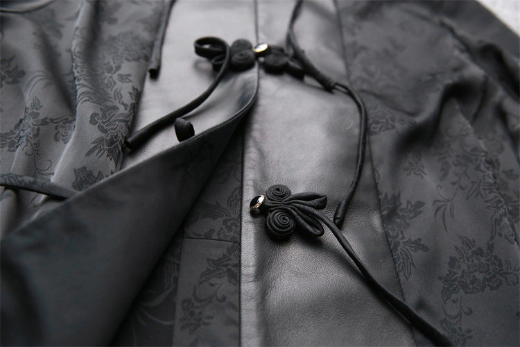 Leather Top for Women with Jacquard Sleeves and Mandarin Collar