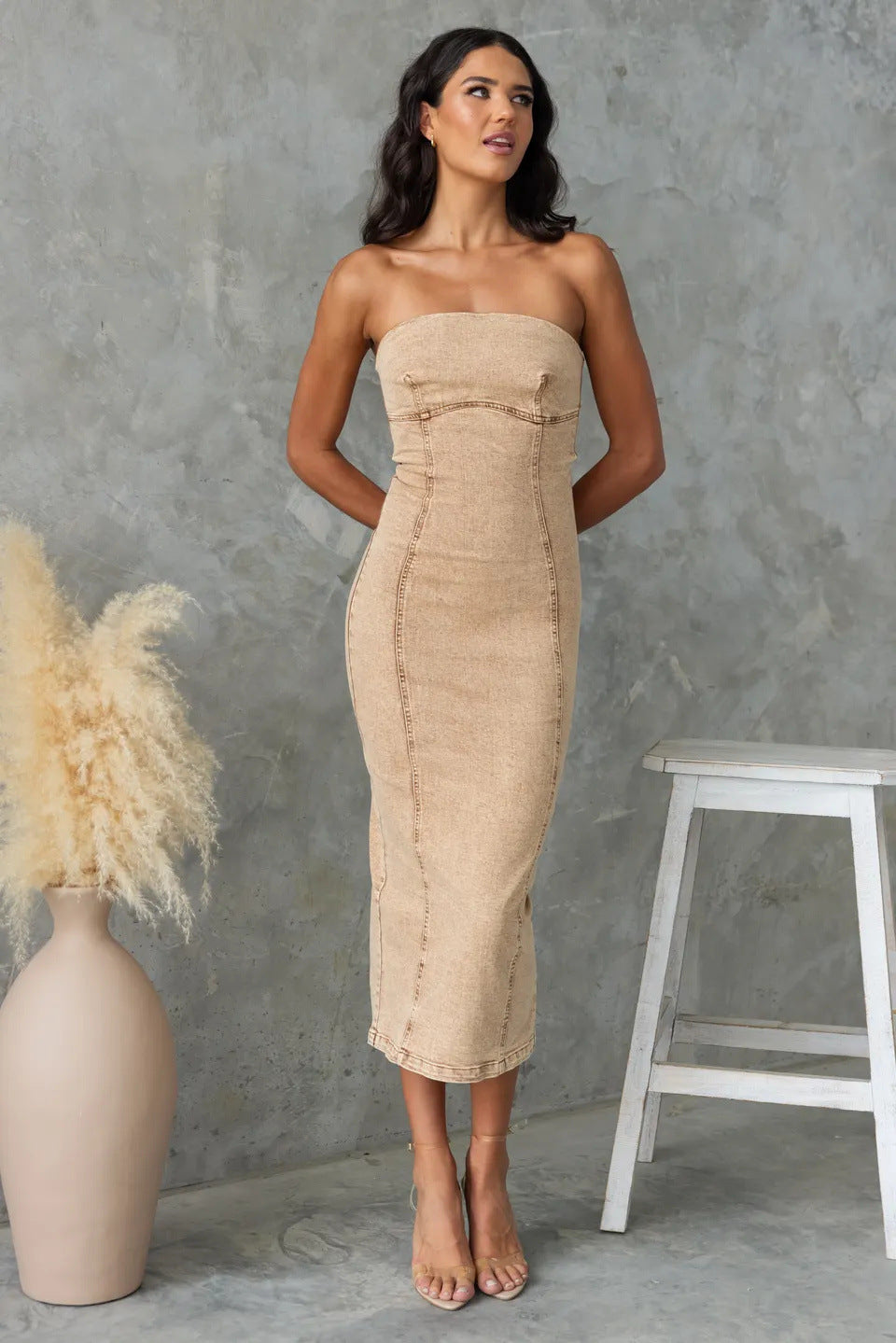 Women Slim Strapless Denim Midi Dress Bodycon