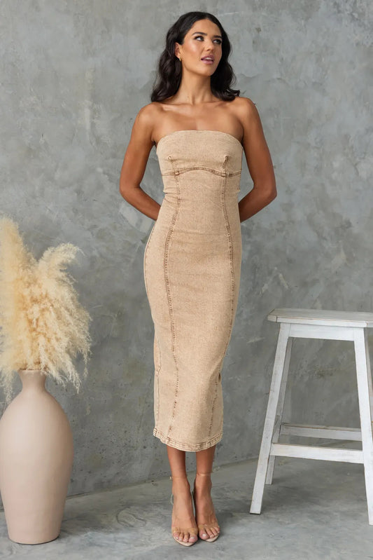 Women Slim Strapless Denim Midi Dress Bodycon