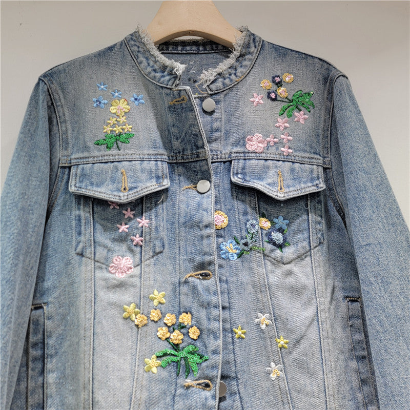 Women’s Embroidered Floral Sequin Denim Jacket Short Fit
