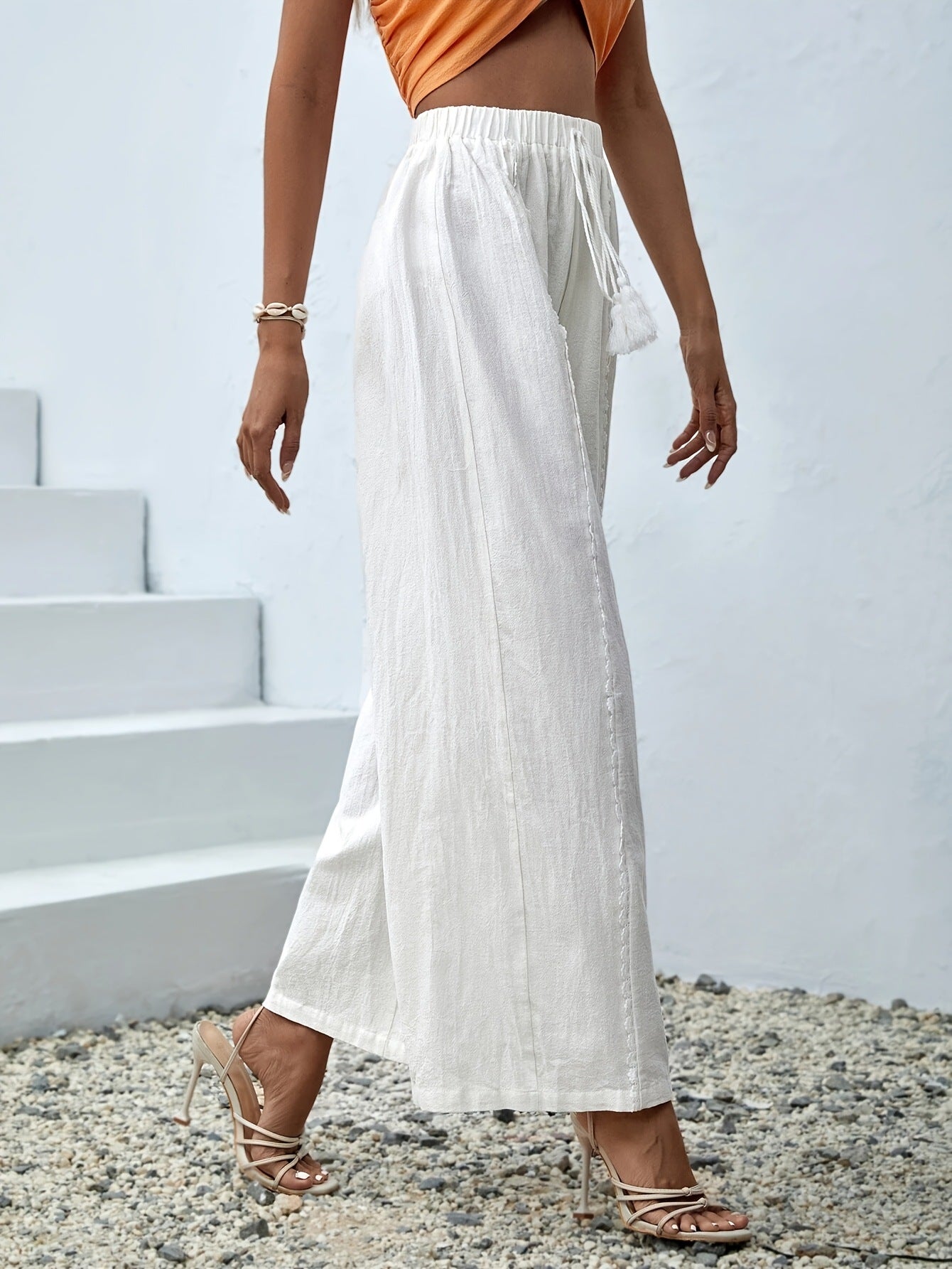 White Cotton Wide Leg Beach Pants for Women