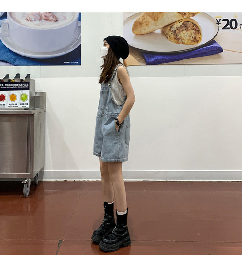 Denim Casual Distressed Overalls Bib Shorts