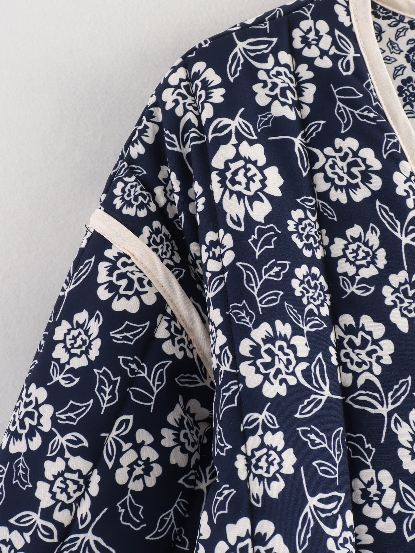 Women Floral Quilted Cotton Jacket Navy White
