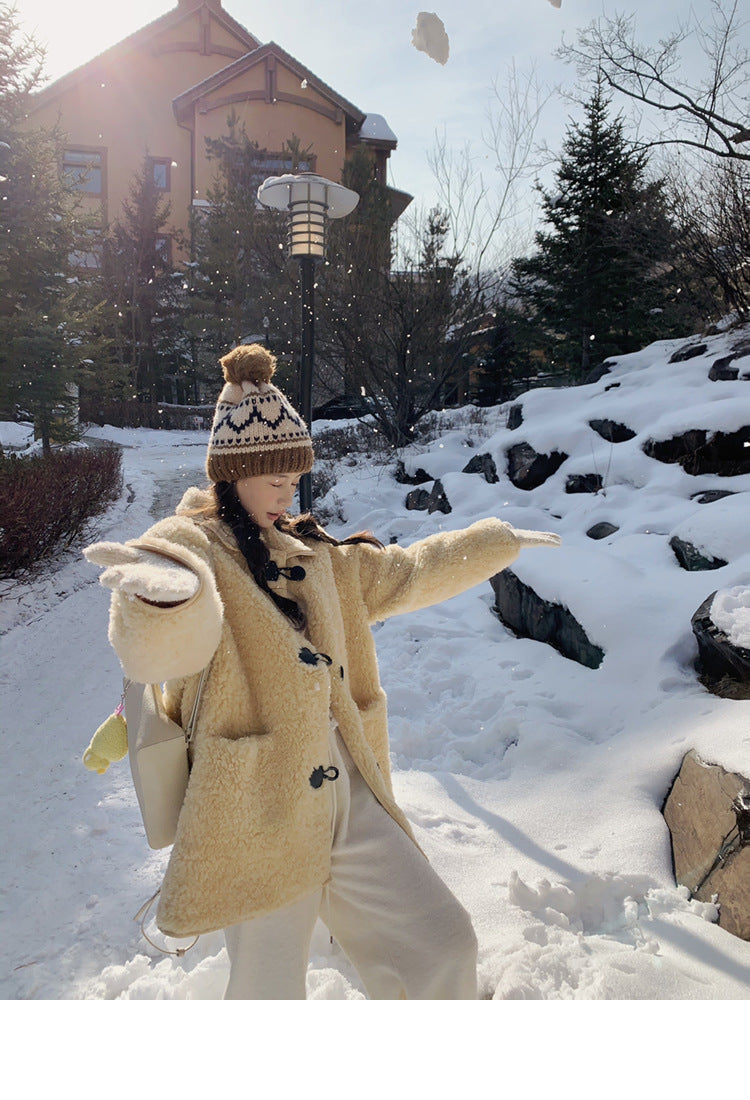 Women’s Full Wool Fur Coat Corn Yellow Shearling Winter Jacket