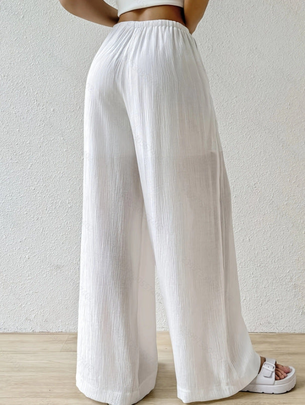 White Cotton Lounge High Waisted Pants for Women with Pockets