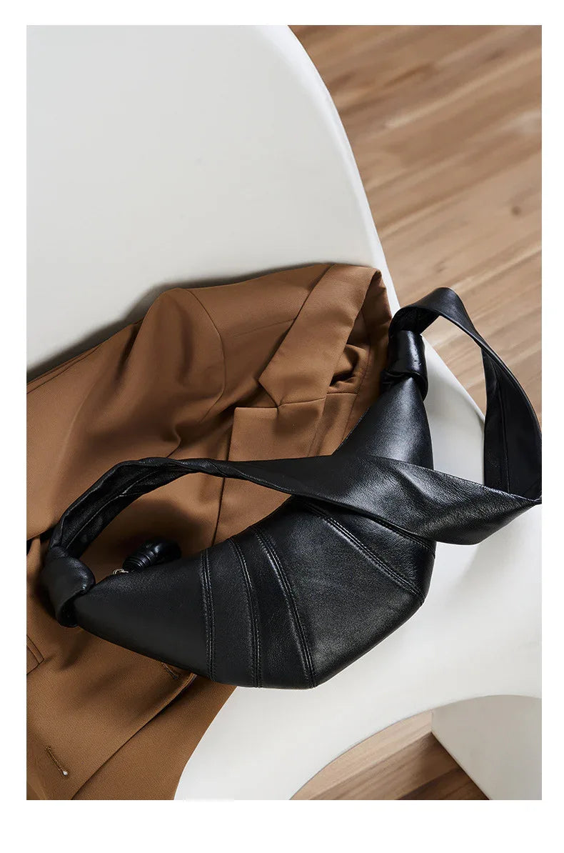Black Leather Crescent Moon Shoulder Bag for Women