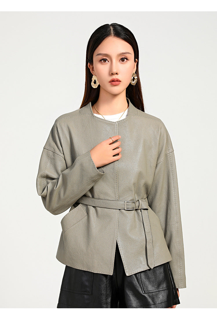 Women Leather Jacket Lychee Grain Belted Short Coat